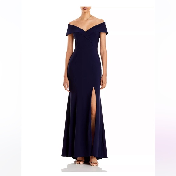Bloomingdale’s Navy Off-Shoulder Gown - Picture 1 of 4